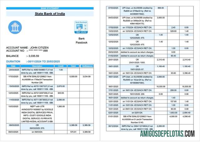 Extrato bancário do Banco do Estado da Índia para impressão, modelo Word e PDF, 2 páginas